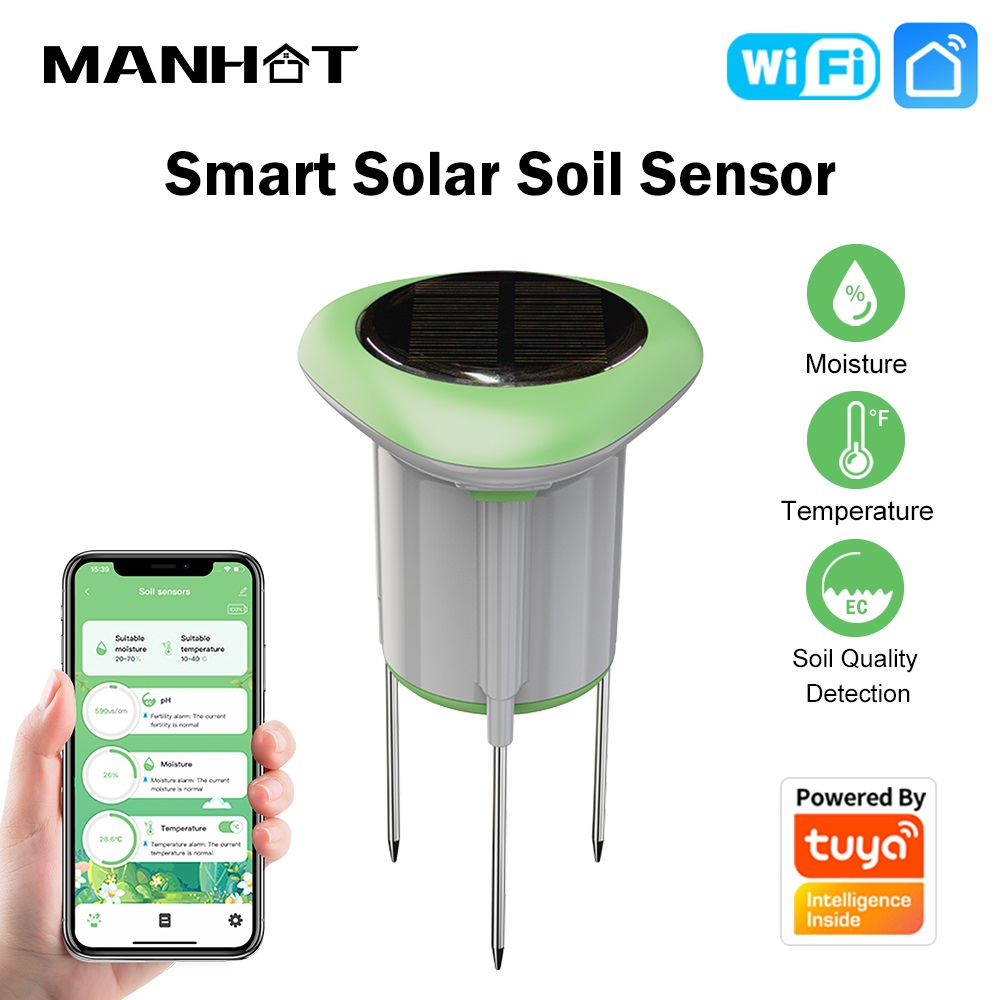Smart Garden Irrigation - MANHOT WiFi スマートソーラー土壌センサー 3in1 温度湿度 EC