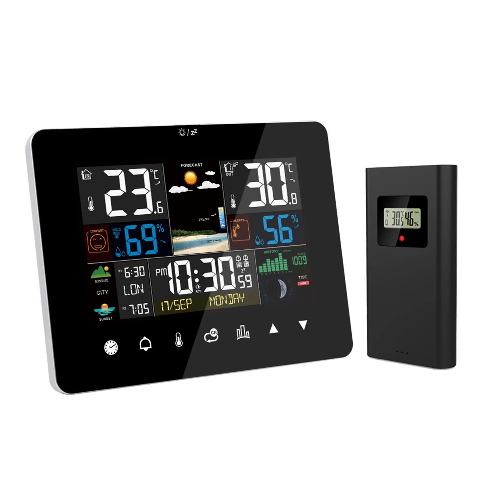 Garden Weather Station - FJ3362G 気象観測所目覚まし時計温度計湿度計タッチスクリーンワイヤレスセンサー日の出と日の入り湿度計