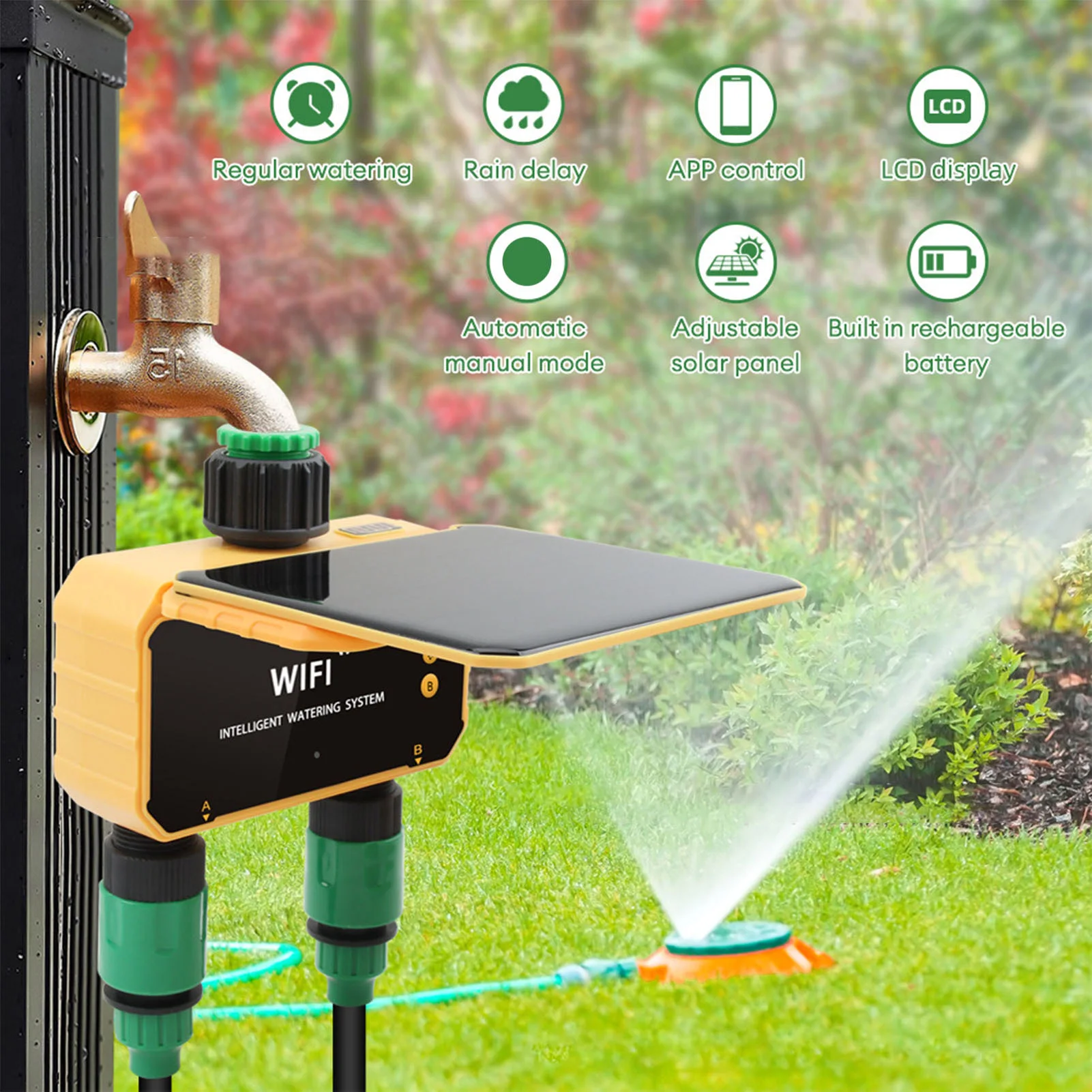 Smart Garden Irrigation - ソーラーWiFiスマート灌漑タイマー雨感知機能APP制御2口自動散水タイマー庭用スプリンクラー