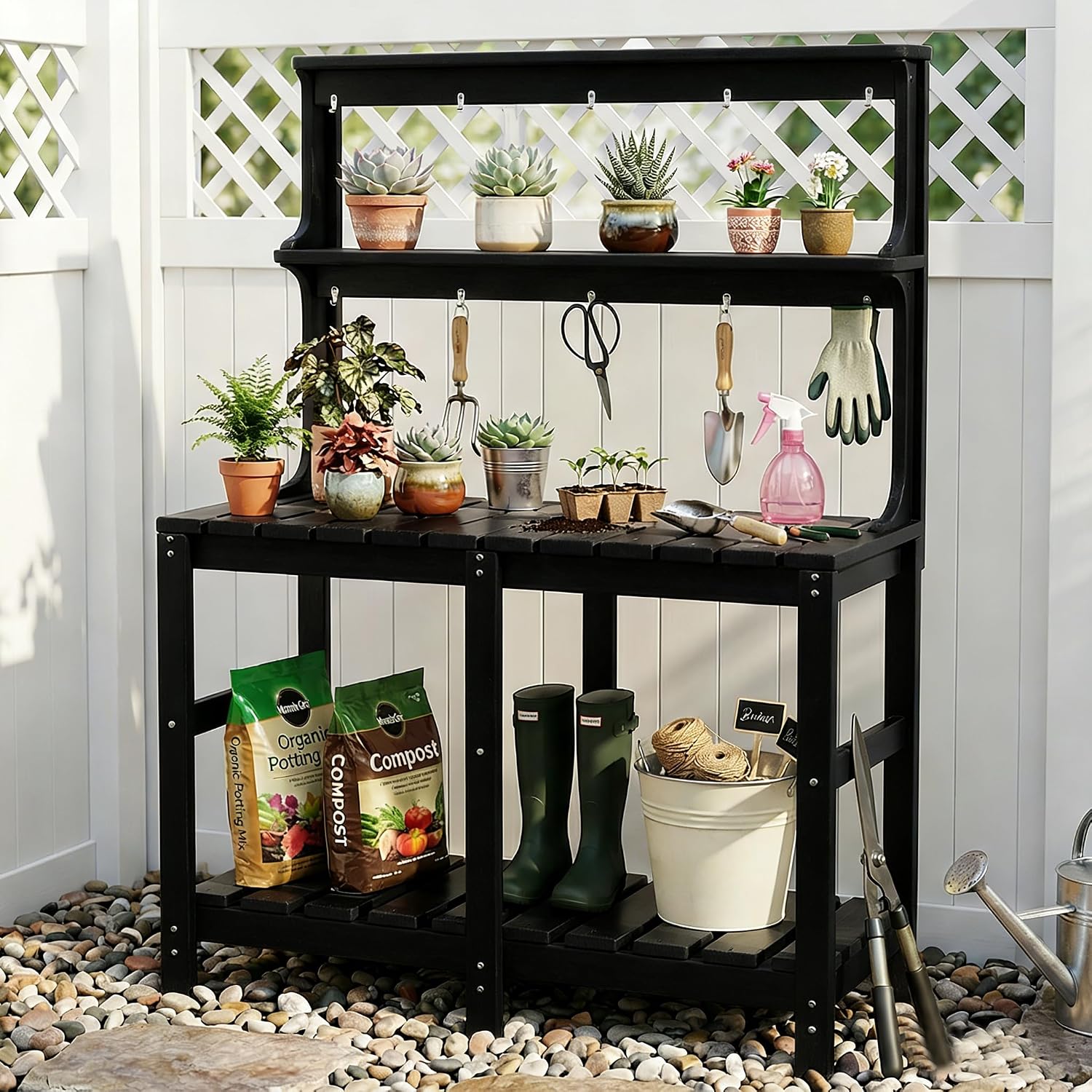 全天候型HDPE製ポッティングテーブルベンチ、ツールフック付 - Garden Weather Station のレビューと価格