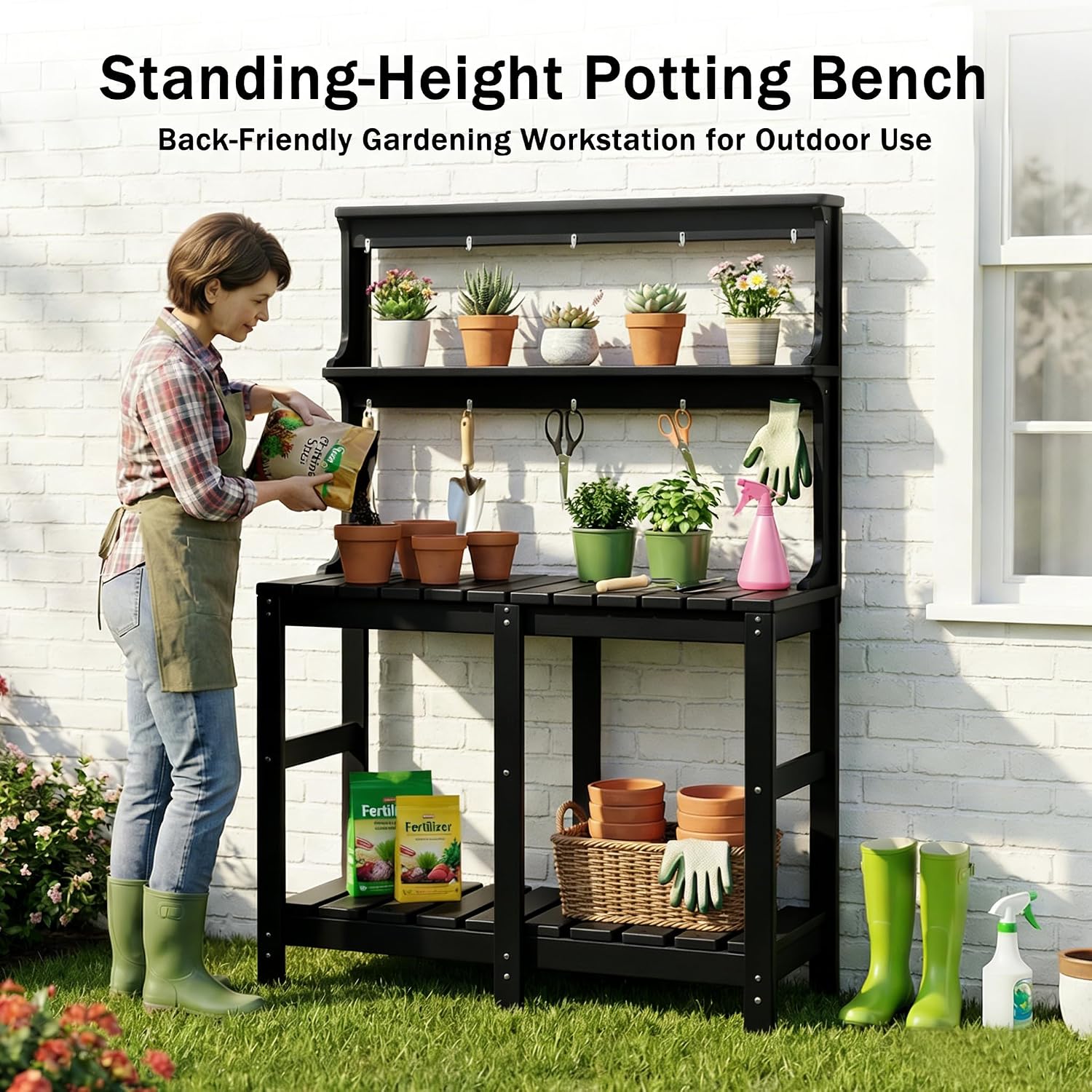 全天候型HDPE製ポッティングテーブルベンチ、ツールフック付 - Garden Weather Station のレビューと価格